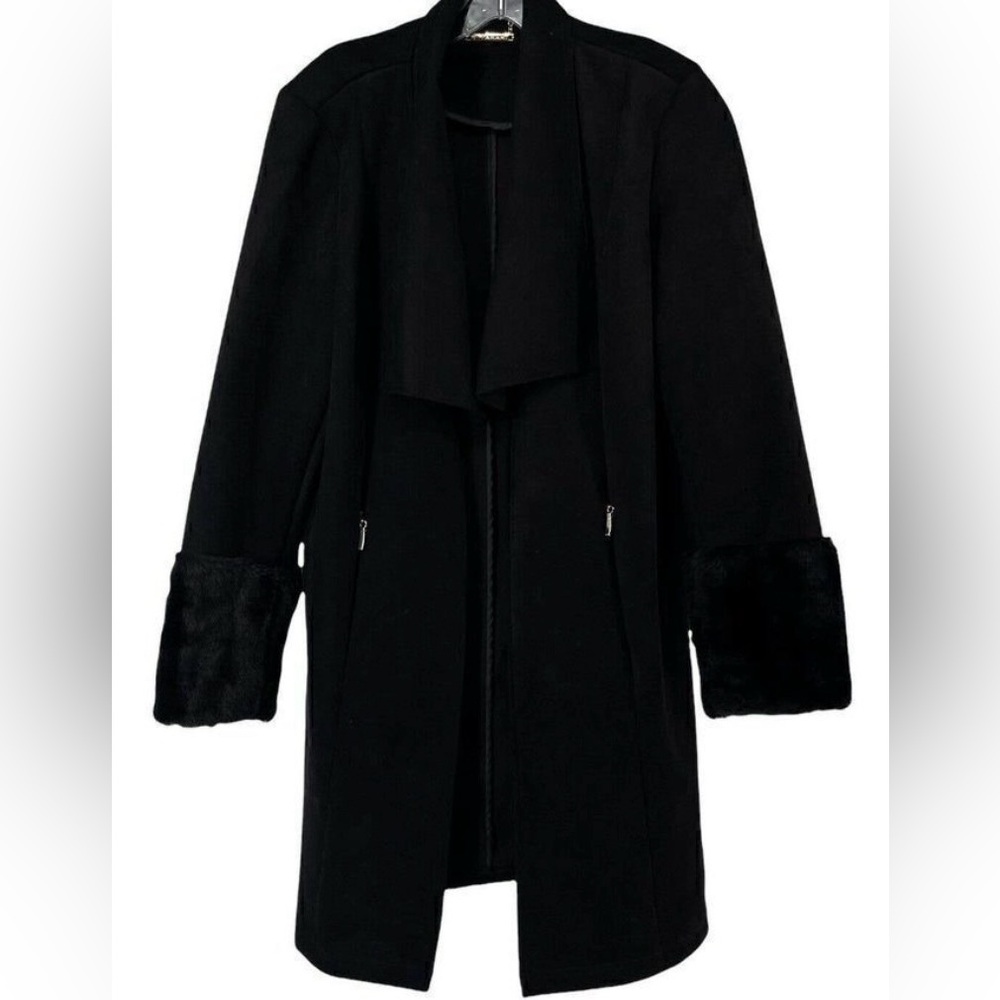 T Tahari Black Coat Draped Open Front Faux Fur Trim Vegan Microsuede Chic Size M